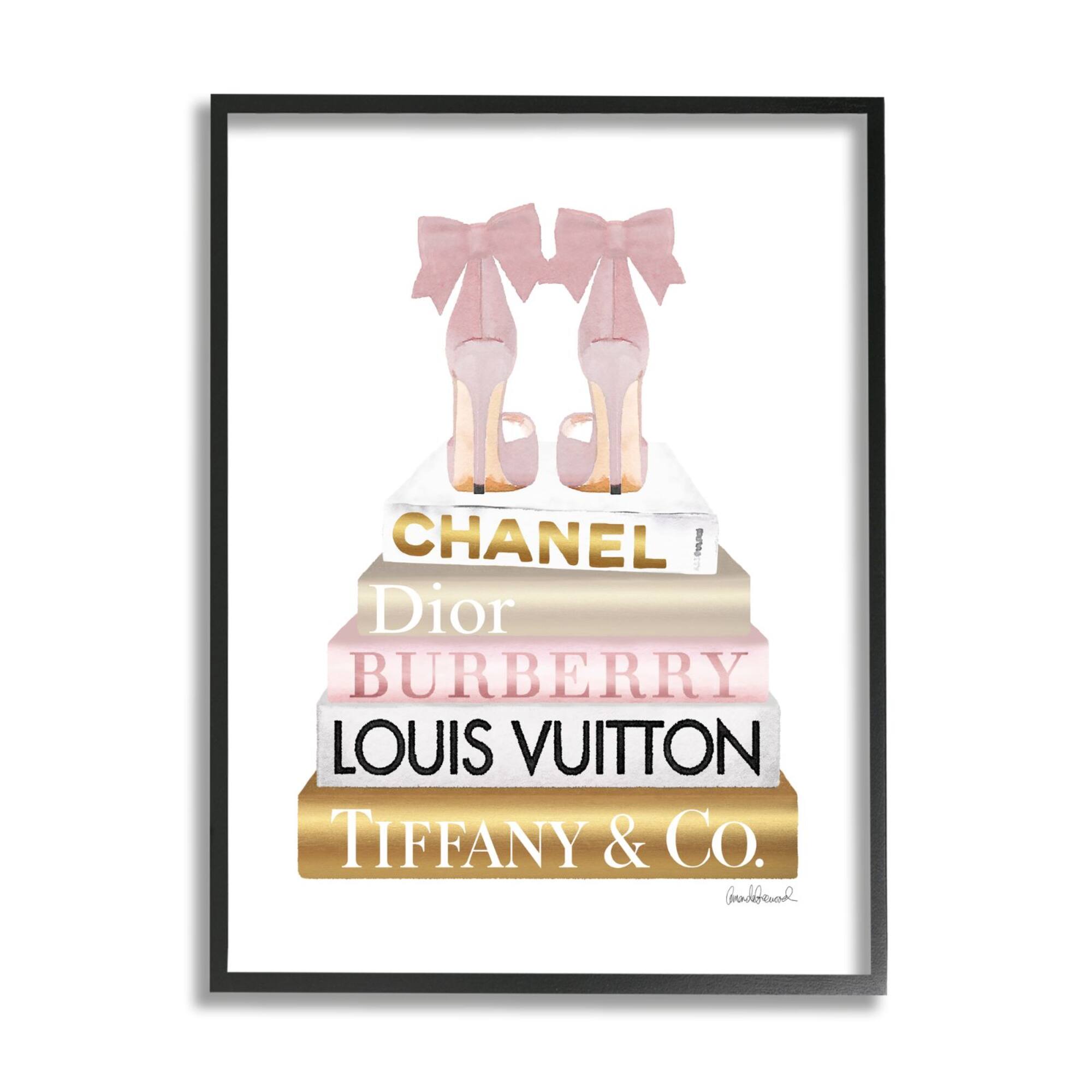 Stupell Industries Pink Gold Heels Bookstack Glam Fashion Design Framed Wall Art